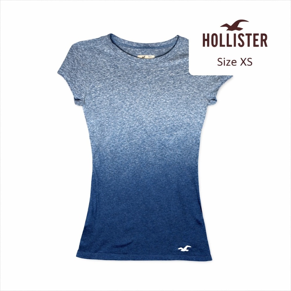 Hollister Women's Blue Ombre Dip Dye Short Sleeve T-Shirt XS Heathered Navy Logo